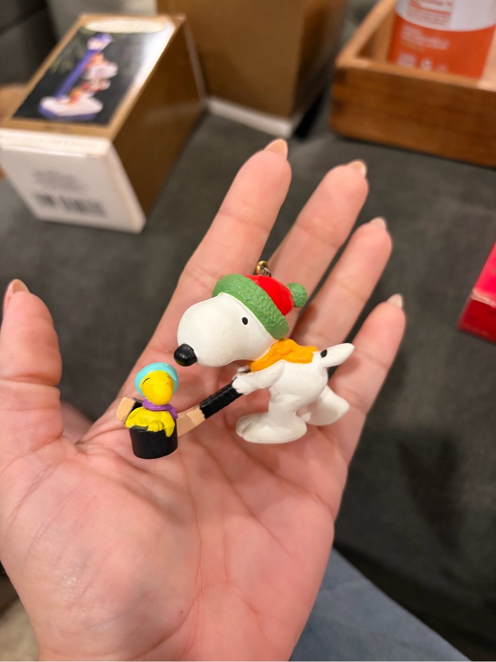 Peanuts Snoopy Figure Ornament - White with Green Hat and Yellow Scarf